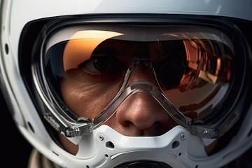 A detailed view of a person wearing a helmet and goggles. This image can be used to depict safety, protection, or participation in activities such as biking, skiing, or construction work.