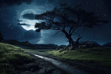 Obraz premium A dirt road with a tree on the side. This image can be used to depict a rural or countryside setting.