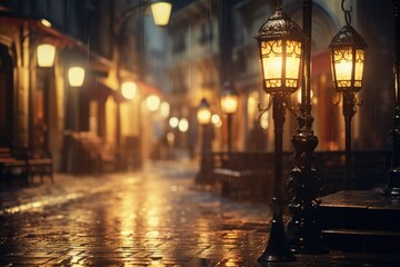 A picture of a street with street lights and benches in the rain. This image can be used to depict a rainy cityscape or to convey a somber or reflective mood