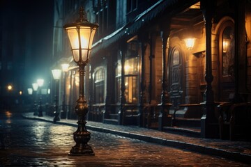 A picture of a street light illuminating a cobblestone street at night. This image can be used to...