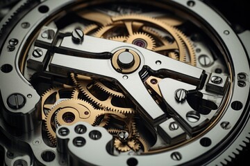 A detailed close up of the gears inside a watch. This image can be used to represent time, precision, mechanics, or technology