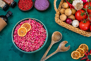 Salad with beetroot and bulgur wheat. Healty food and dieting concept. 