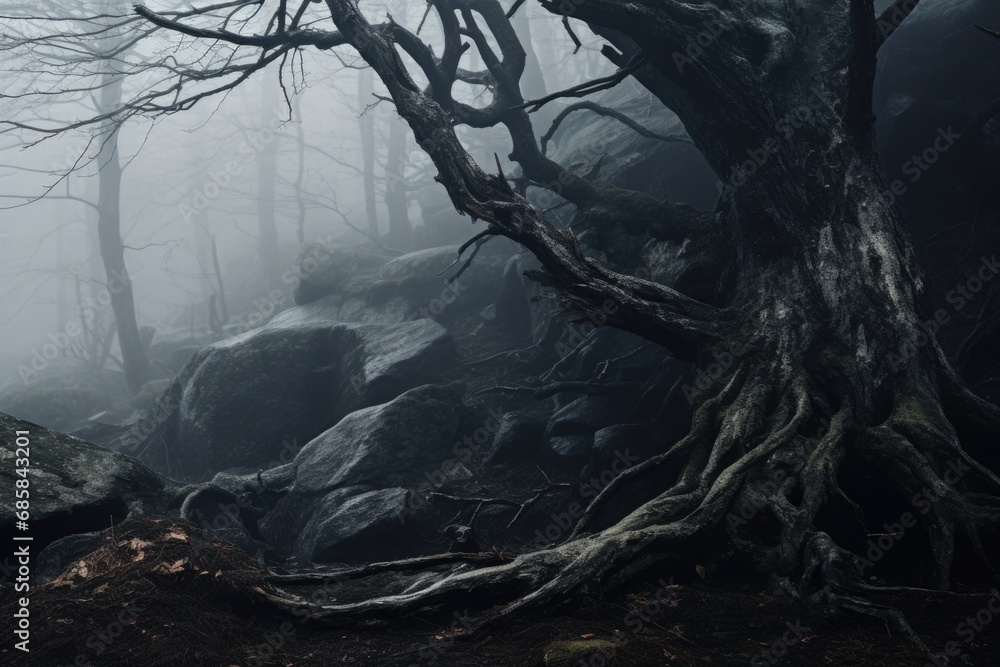 Poster a serene image of a tree surrounded by fog in a forest, with rocks and other trees in the background