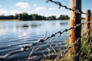 A picture of a wooden fence with barbed wire surrounding it. 