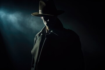A man wearing a hat and trench coat, standing in the dark. This image can be used to create an air of mystery and intrigue. Perfect for detective stories or suspenseful themes - obrazy, fototapety, plakaty