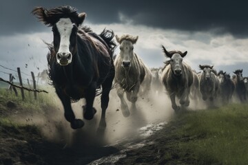 A dynamic image capturing a herd of horses running at full speed down a dusty dirt road. 