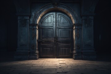 A picture of a dark room with two wooden doors and a brick floor. 