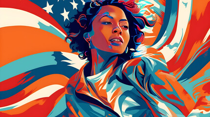 Rostro de mujer americana con banderas y rastros de poder ilustracion publicitaria derechos de las mujeres americanas - obrazy, fototapety, plakaty