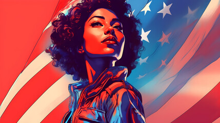 Mujer americana con bandera de USA poder y libertad derechos humanos grandeza - obrazy, fototapety, plakaty
