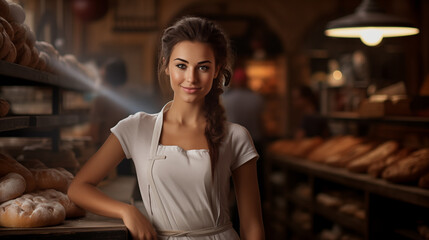Young beautiful woman in apron in bakery, blurred background