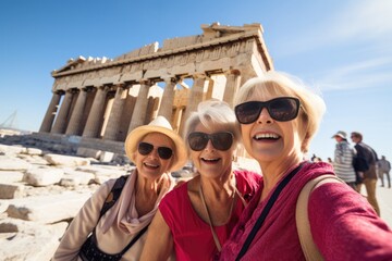 Three smiling female senior tourists visiting Greece posing looking at the camera