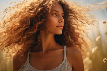 A woman with curly hair standing in a field. This picture can be used to represent freedom, nature, and beauty