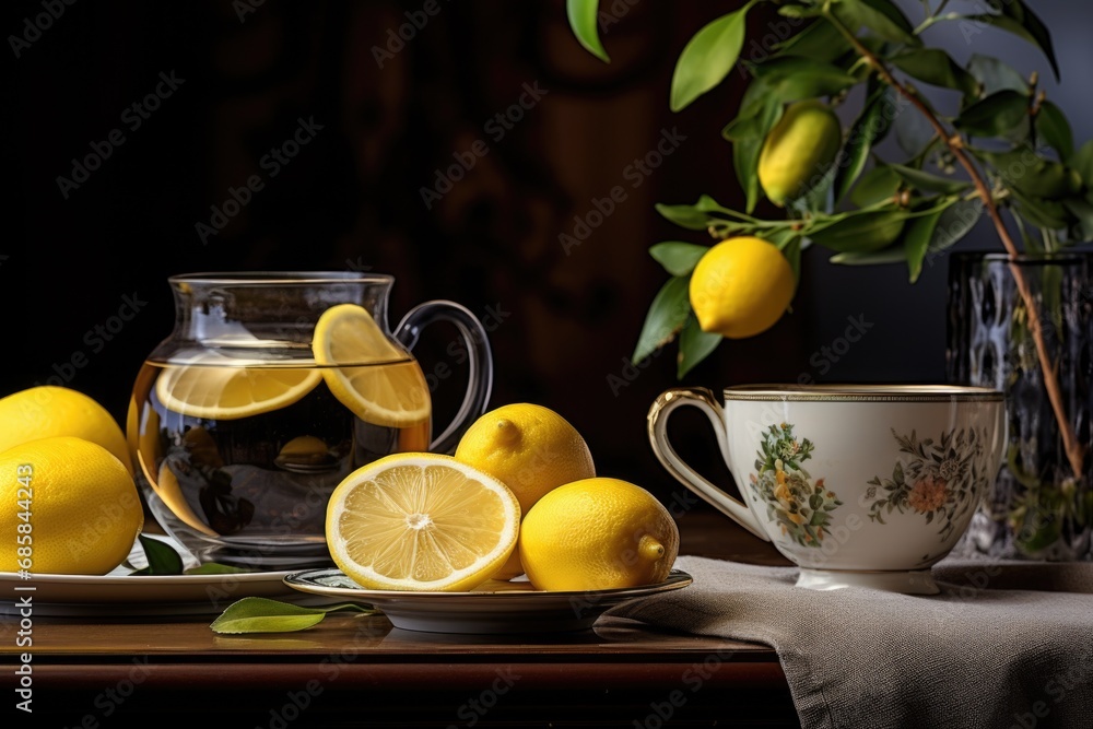 Aufkleber a pitcher and a plate filled with fresh lemons are displayed on a table. this image can be used to r
