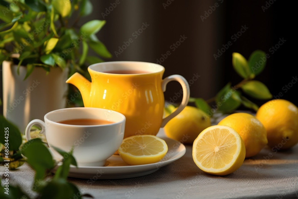 Poster a simple and refreshing cup of tea with sliced lemons placed on a table. perfect for adding a touch 