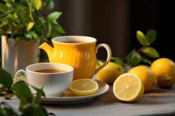 Obraz na płótnie Canvas A simple and refreshing cup of tea with sliced lemons placed on a table. Perfect for adding a touch of zest to your day