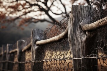 A close-up photograph of a fence with a tree in the background. This image can be used to depict nature, outdoor scenery, or rustic landscapes