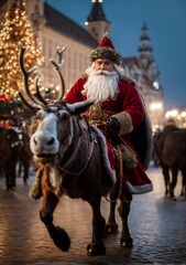Digital illustration of Santa Claus riding a reindeer through a European city on a beautiful winter afternoon, bringing festive cheer in his vibrant red suit.