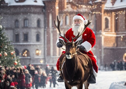 Digital painting illustration of Santa Claus riding a reindeer through the heart of a European city on a beautiful winter day. Clad in a red suit, Santa brings festive cheer amidst the urban landscape