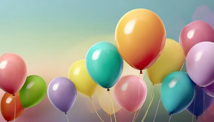close up of colorful balloons flying in the air levitation rainbow palete pastel background for design