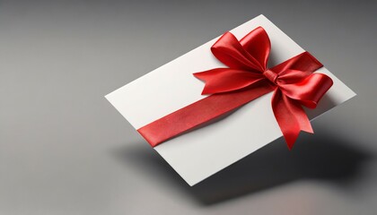 blank white gift card with red ribbon bow on grey background with shadow minimal conceptual 3d rendering