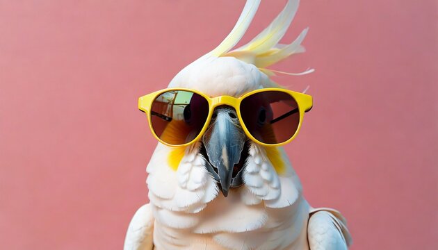 closeup of white cockatoo parrot wearing sunglasses domestic pet bird animal solid pink pastel background tropical summer vacation concept web banner funny birthday party card invitation