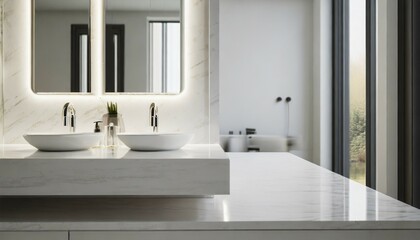 Fototapeta na wymiar empty space on a luxury white tabletop in a luxury white bathroom with double sink