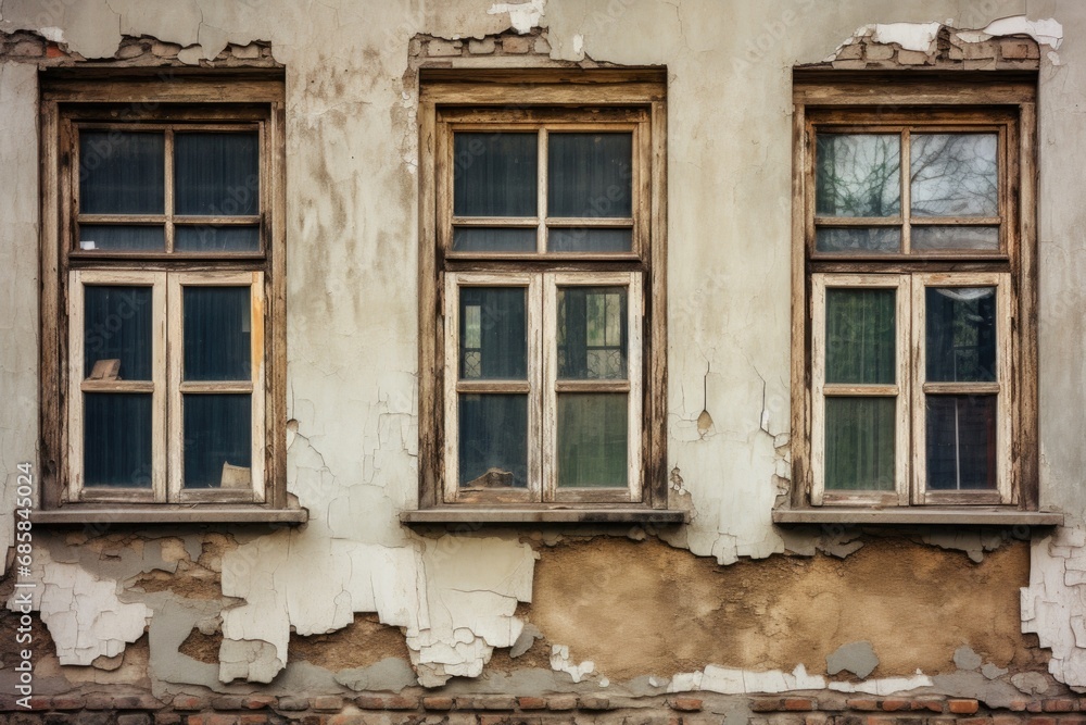 Poster an image of an old building with two windows and a fire hydrant. this picture can be used to depict 