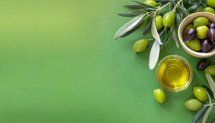 background olive branch on a green background green olives olive oil green banner copy space...