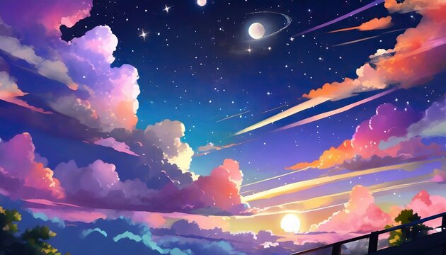 ai generative image of an anime sky at night with a beautiful clouds and colorful image of universe