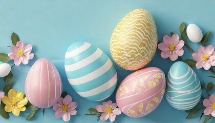 colorful easter eggs on pastel blue background creative design 3d rendering