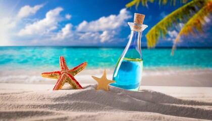 Fototapeta na wymiar sandy tropical beach with bottle and starfish