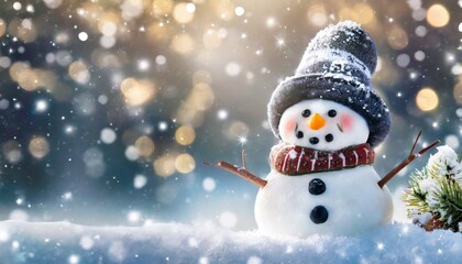 Naklejka na ściany i meble winter holiday christmas background banner with cute funny laughing snowman with wool hat and scarf on snowy snow snowscape and bokeh light