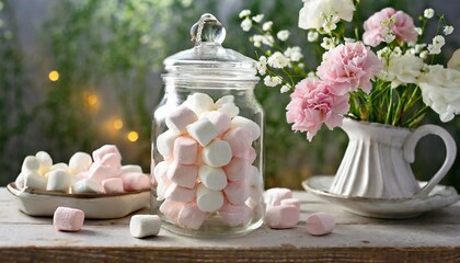 jar of pink and white marshmallows on a table with flowers