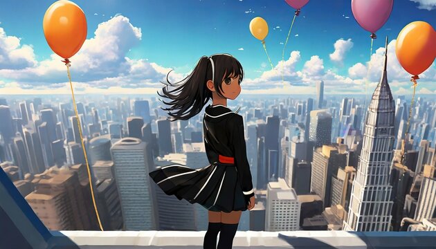 a beautiful magical wallpaper of an anime girl watching a city from top of a skyscrapper with a lot of balloons on the sky ai generated image