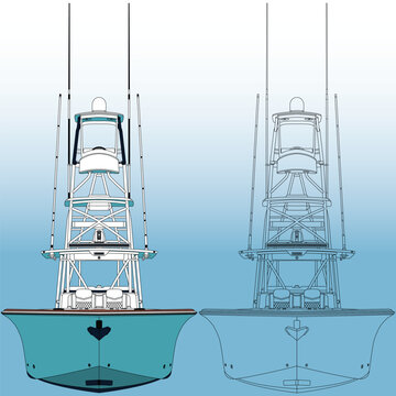 High quality front view fishing boat vector art illustration and line art Which printable on various materials