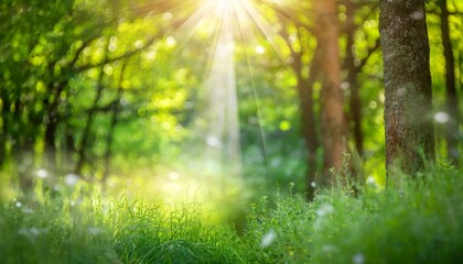 Fototapeta na wymiar defocused green trees in forest or park with wild grass and sun beams beautiful summer spring natural background