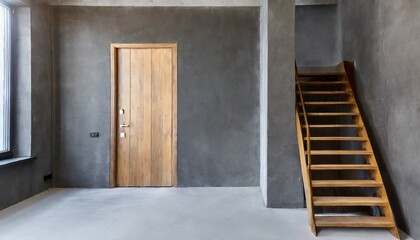 view on empty room apartment entrance with stair simple front wooden door with place for text loft interior mockup gray concrete texture generative ai
