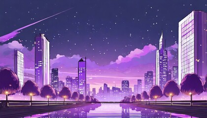 lo fi vibes night skyline chill purple shares manga anime generative ai - obrazy, fototapety, plakaty