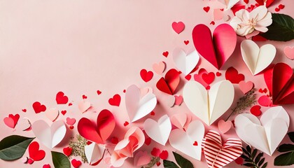 valentine day background of many different paper hearts on pink soft background copy space