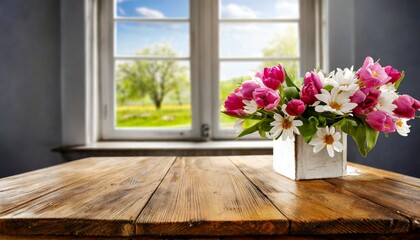 wooden table of free space for your decoration white big window with spring time fresh flowers on top created with generative ai technology