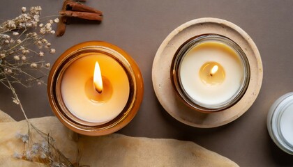 two candles burning soy way candle in an amber glass jar and a cream colored tea light over background top view generative ai