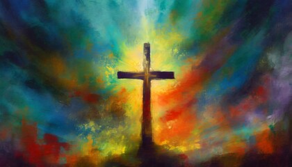 colorful painting art of an abstract dark background with cross christian illustration - obrazy, fototapety, plakaty