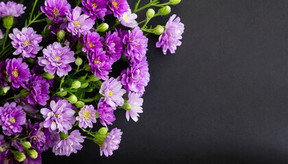 top view and close up image of beautiful blooming purple flowers in corner on black background with copy space