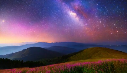 milky way and pink light at mountains night colorful landscape starry sky with hills at summer beautiful universe space background with galaxy travel background
