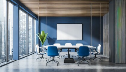 blue and gray office meeting room with poster