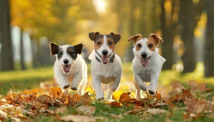 Naklejka na ściany i meble happy jack russell terriers in autumn walking with a pet in leaf fall three dogs run together in the park
