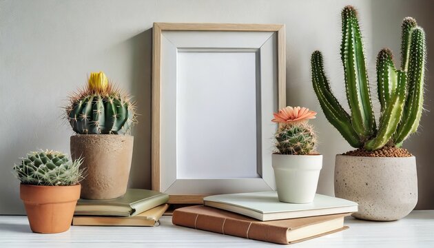 photo frame mockup with cactuses in pots books and notepads on white table photo frame template with copy space for design poster or picture aesthetic home decoration cozy scandinavian style