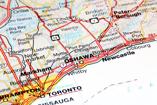 Oshawa, Canada - January 10, 2024: Oshawa city road map. Closeup macro view