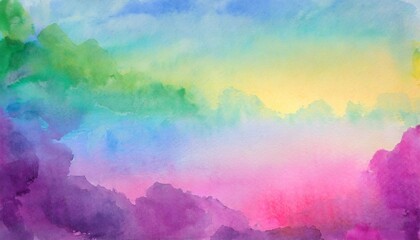 Obraz na płótnie Canvas colorful watercolor background with painted sunset sky colors of pink blue purple green and yellow abstract beautiful painting on border with no people for template or website background
