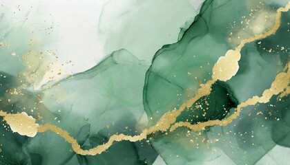 abstract watercolor or alcohol ink art green background element with golden crackers pastel green...
